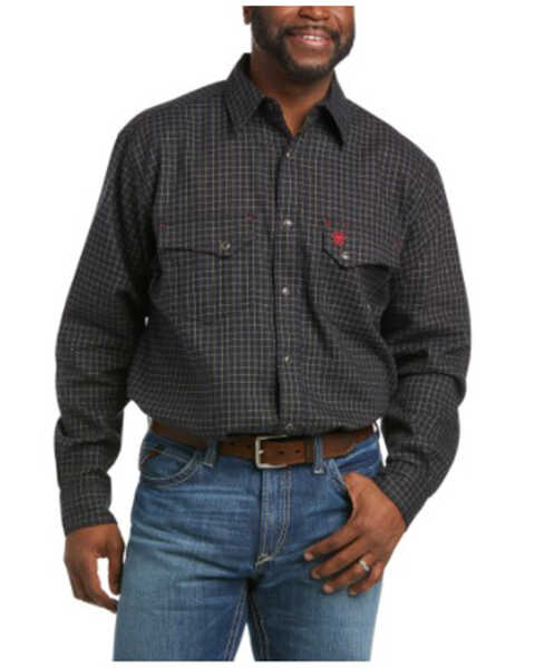 Ariat Men's FR McGinnis Plaid Snap Work Shirt - Big & Tall , Dark Grey, hi-res