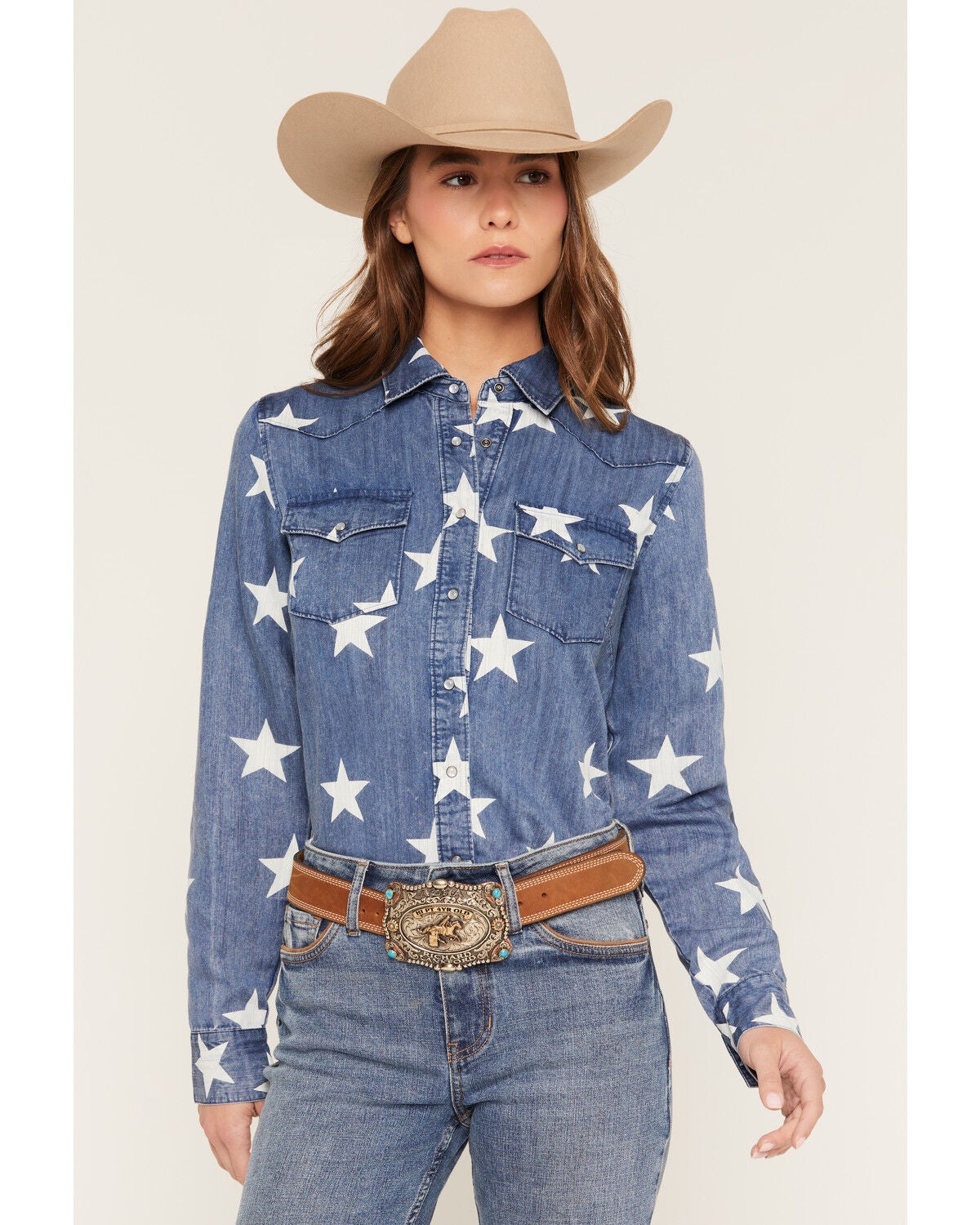 Shyanne Women's The Stars Long Sleeve Snap Denim Shirt, Light Wash, hi-res