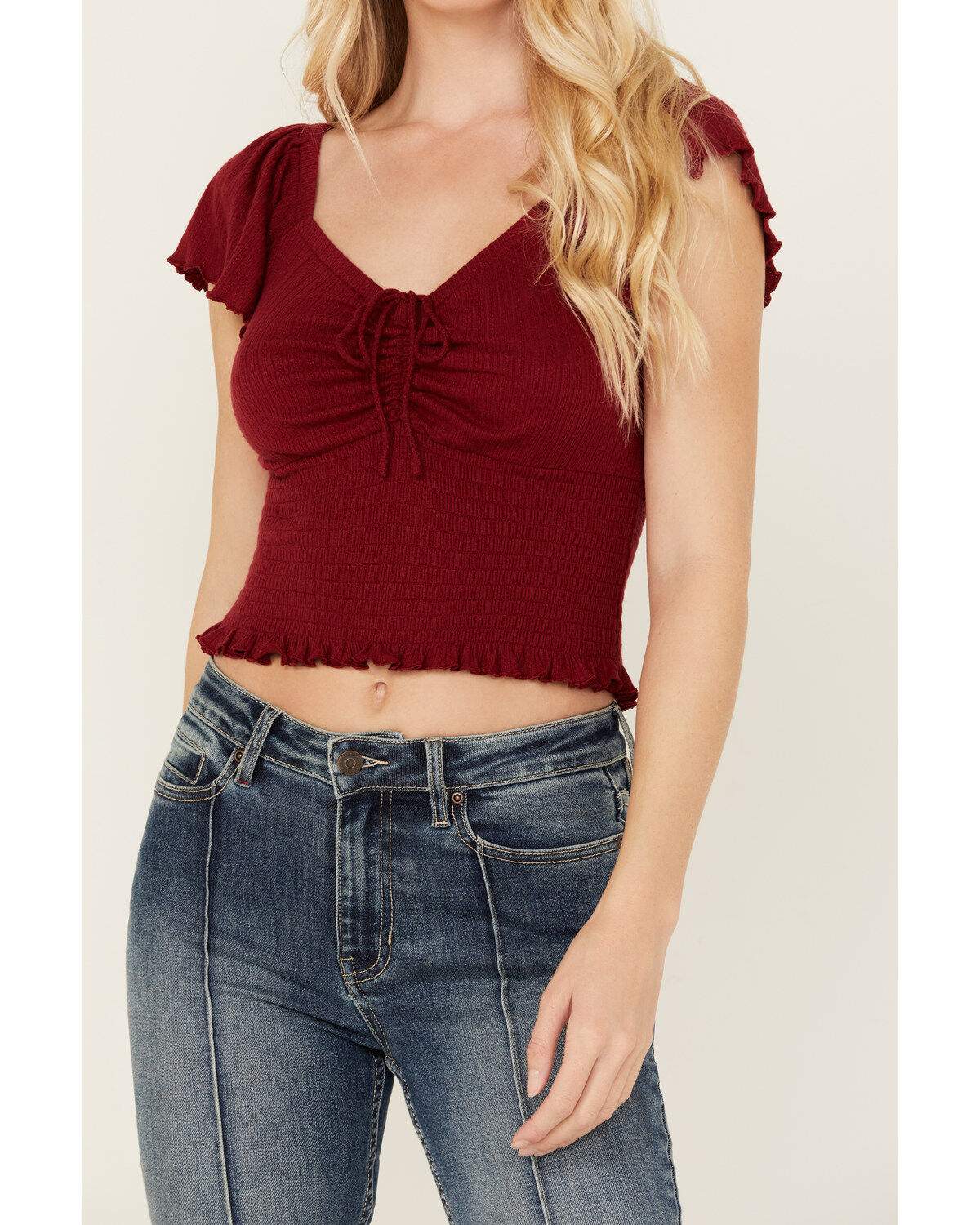 Image #2 - Idyllwind Women's Pointe Flutter Sleeve Smocked Top, Dark Red, hi-res