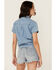 Image #4 - Blue B Women's Light Wash Rhinestone Short Sleeve Button-Down Denim Shirt, Blue, hi-res