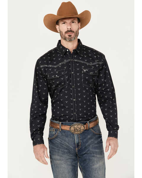 Cowboy Hardware Men's Skull Print Long Sleeve Snap Western Shirt, Black, hi-res