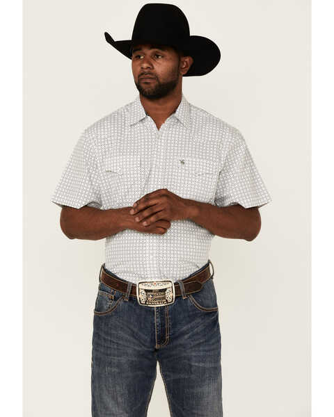 Rodeo Clothing Men's Diamond Geo Print Short Sleeve Snap Western Shirt , White, hi-res