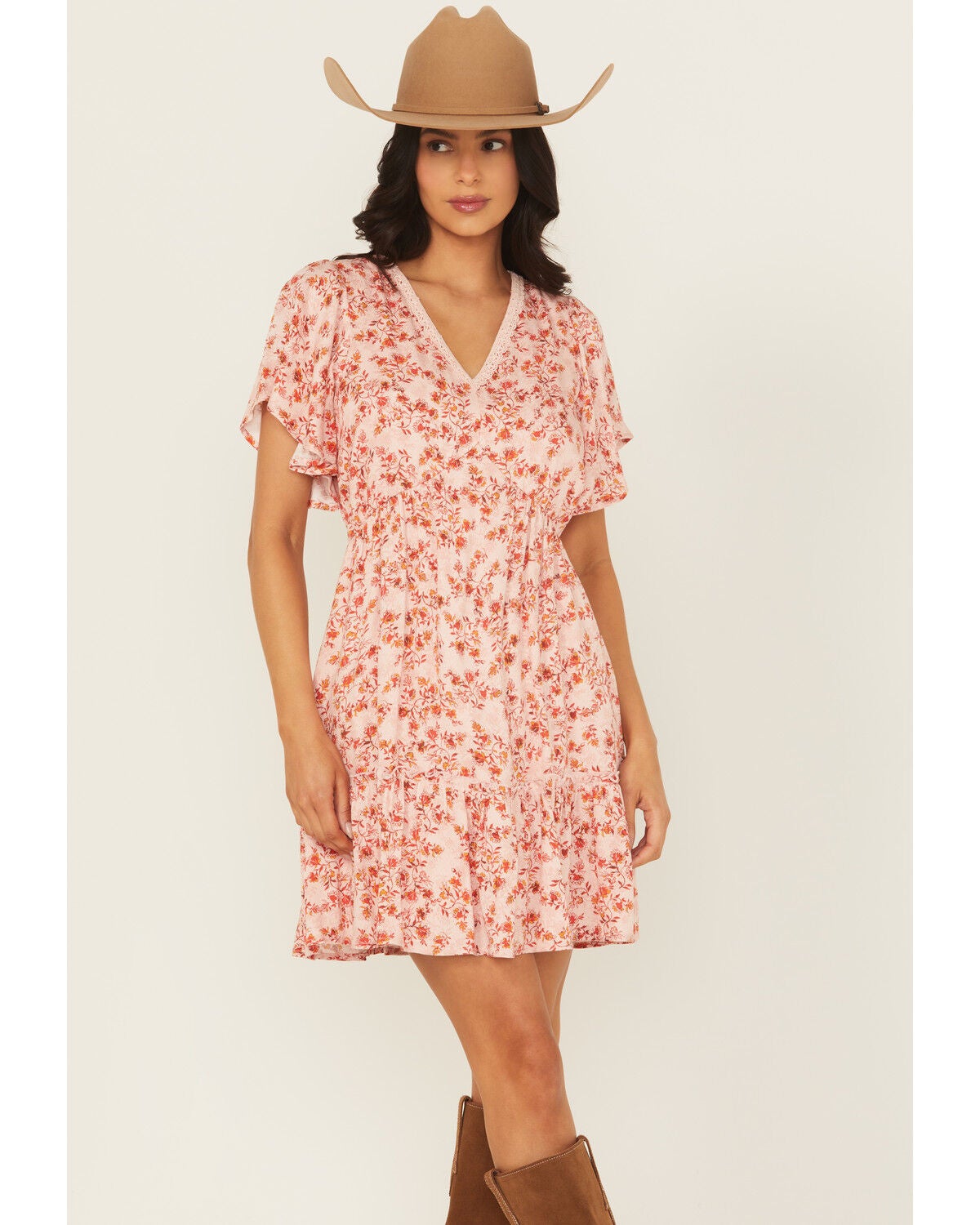 Shyanne Women's Floral Print Short Sleeve Mini Dress, Light Pink, hi-res