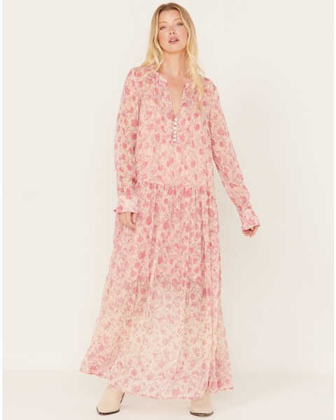 Free People Women's See It Through Floral Long Sleeve Maxi Dress, Pink, hi-res