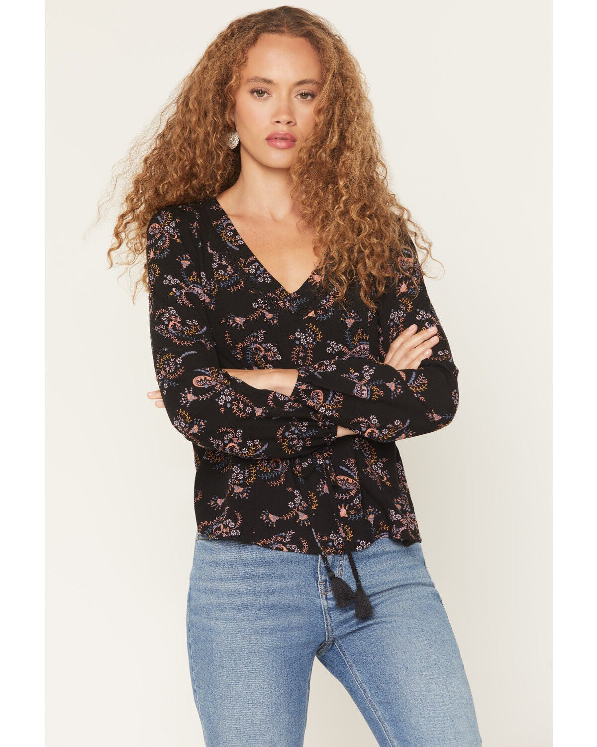 Idyllwind Women's Corrigan Floral Print Long Sleeve Shirt, Black, hi-res
