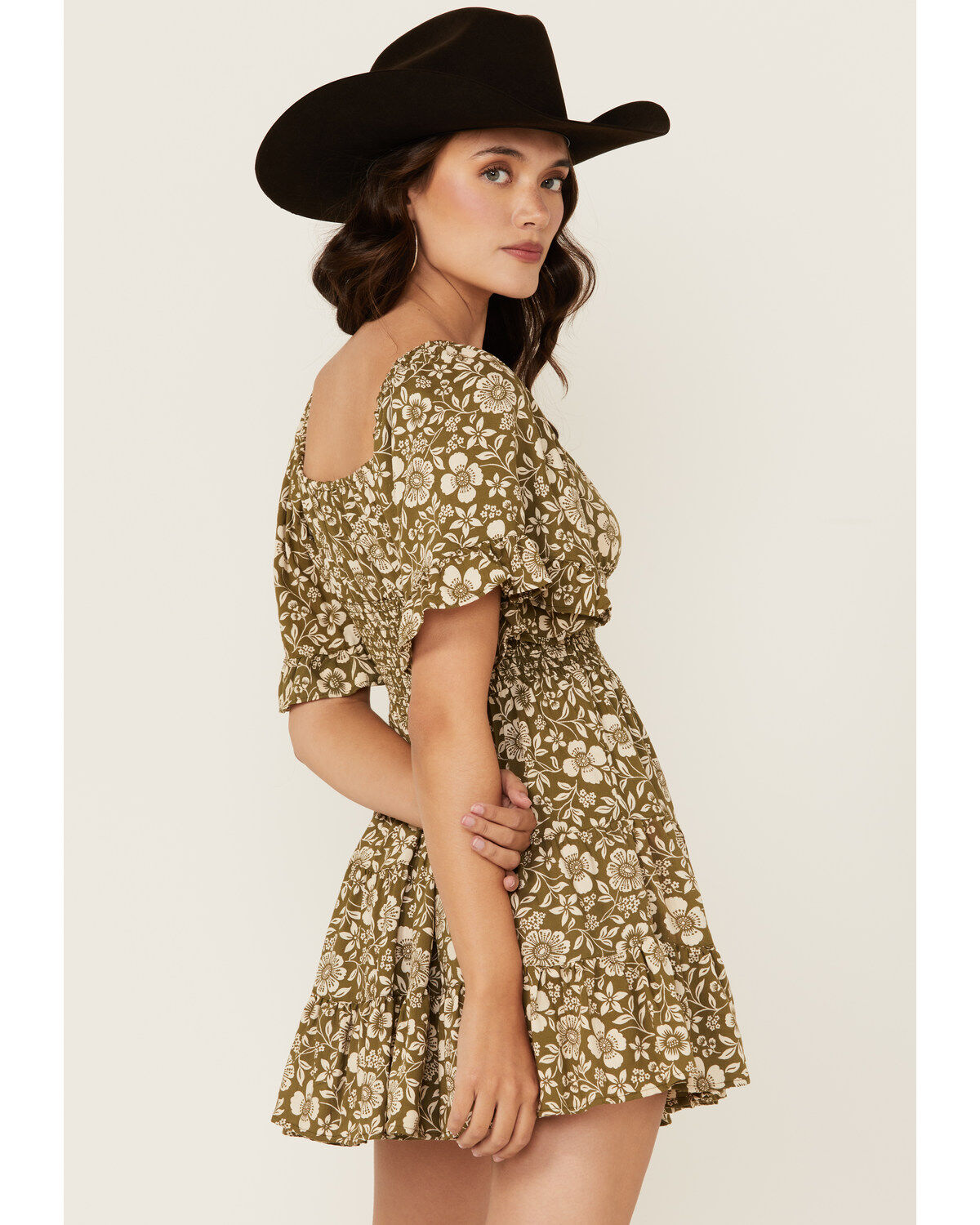 Image #4 - Angie Women's Floral Print Smocked Waist Mini Dress, , hi-res