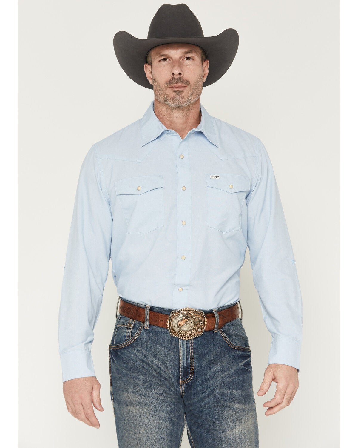 Image #1 - Wrangler ATG Men's Drover Utility Solid Long Sleeve Snap Western Shirt, Blue, hi-res