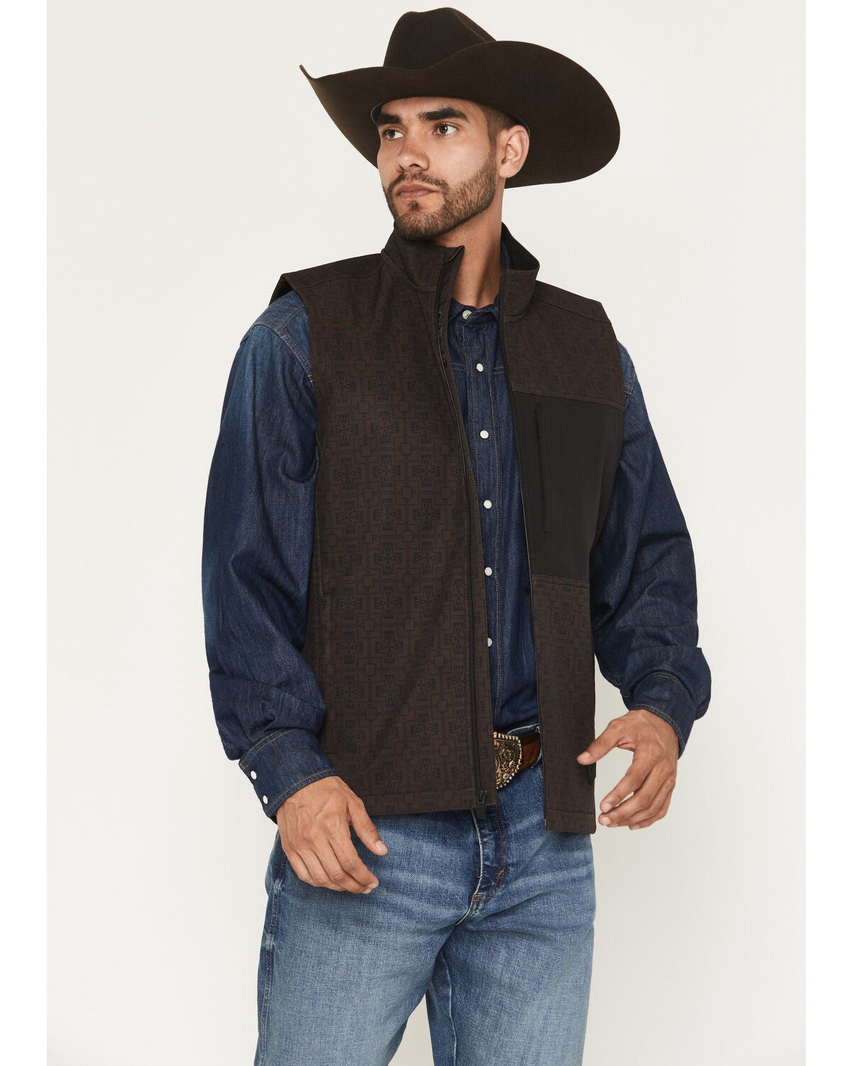 RANK 45&reg; Men's Monroe Southwestern Print Softshell Vest, Brown, hi-res