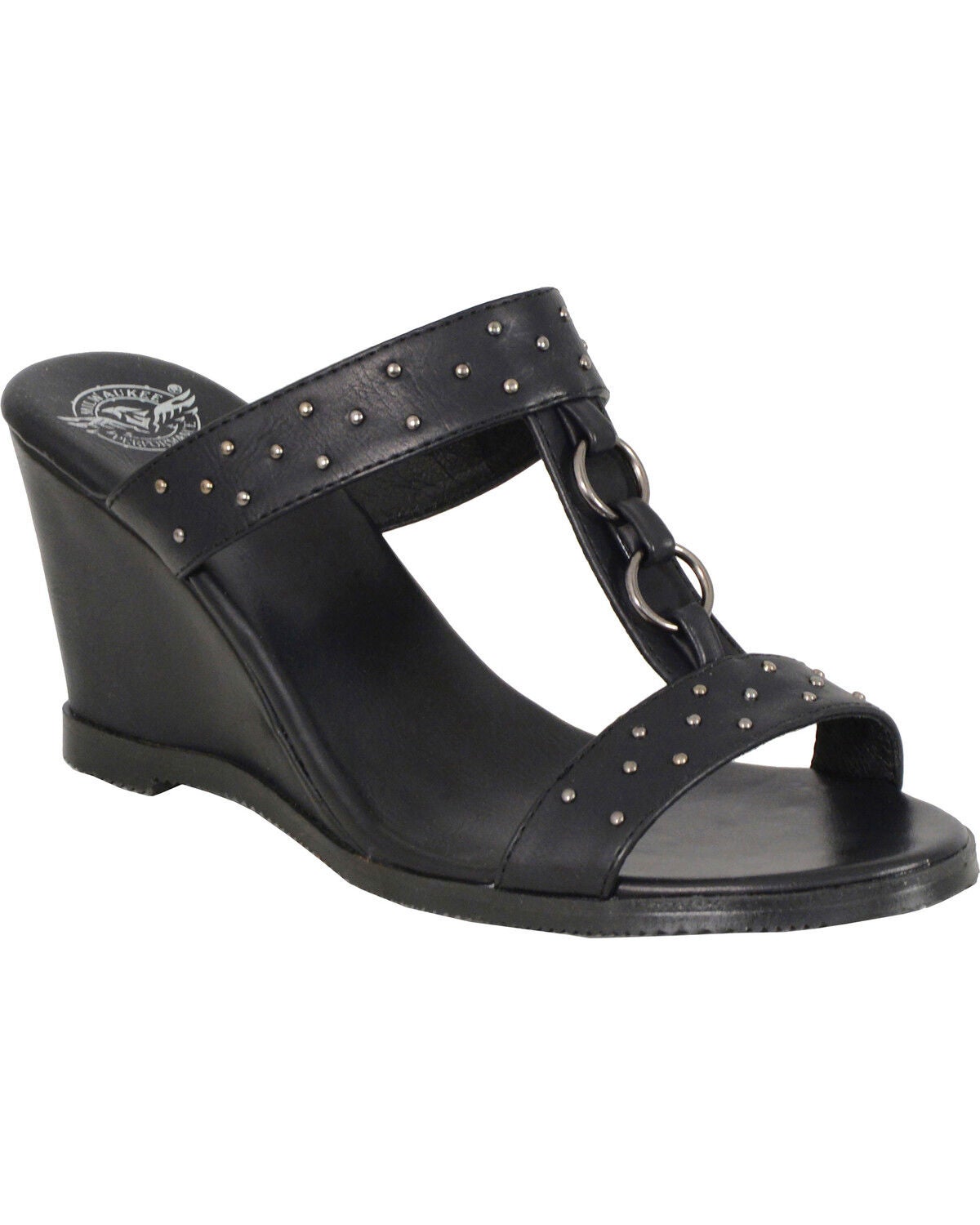 Milwaukee Leather Women's Studded Double Strap Wedge Sandals, Black, hi-res