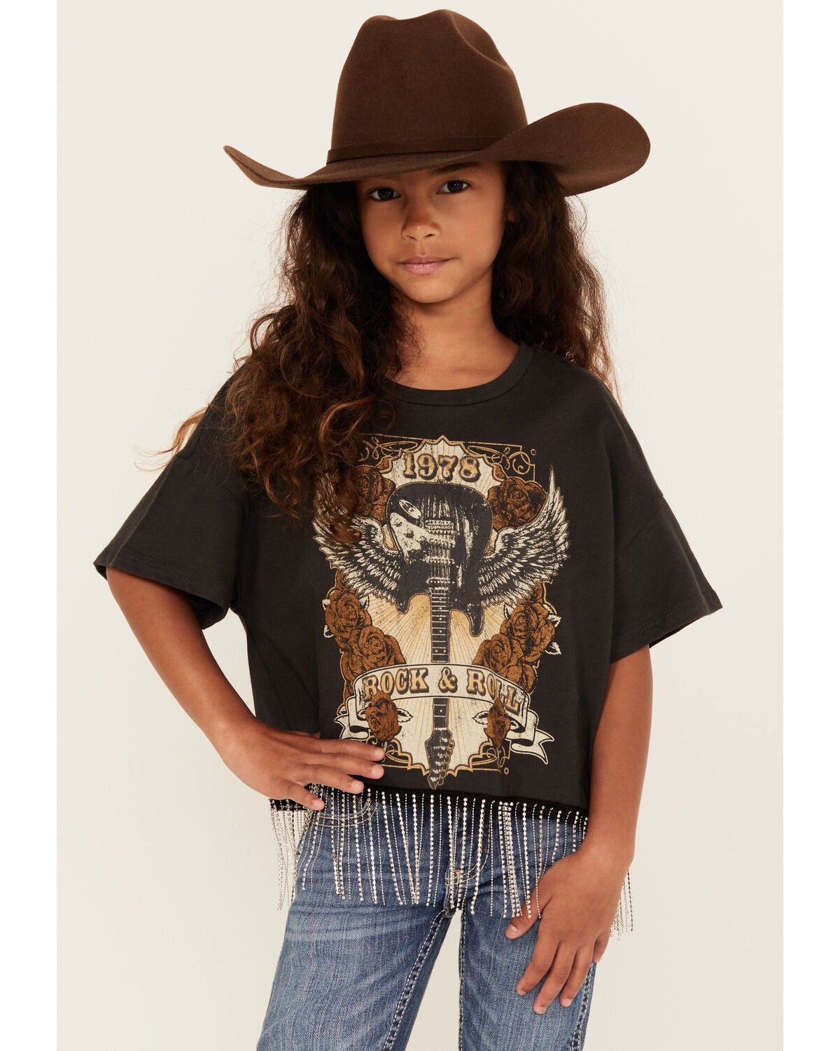 La La Land Girls' Guitar Short Sleeve Fringe Graphic Tee, Black, hi-res
