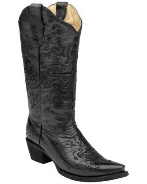 Circle G Women's Cross Embroidered Western Boots, Black, hi-res
