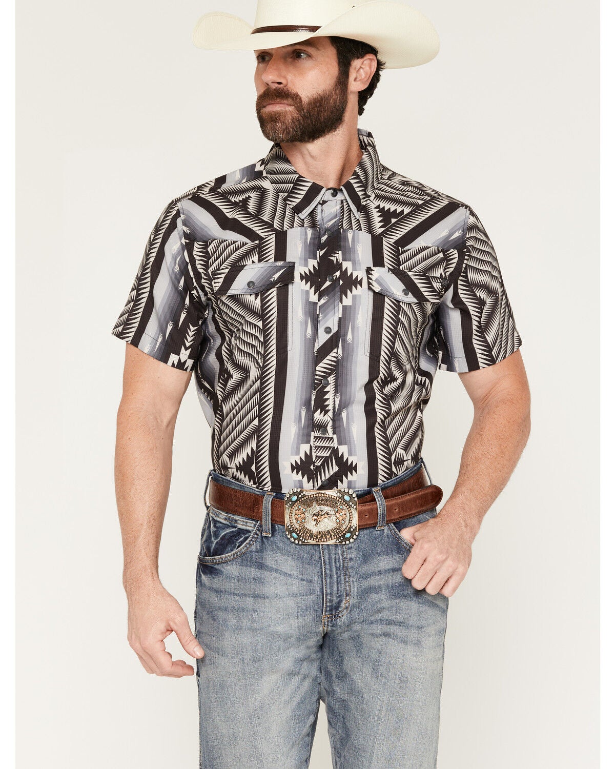 Image #1 - Rock & Roll Denim Men's TEK Southwestern Striped Short Sleeve Snap Performance Western Shirt, Black, hi-res