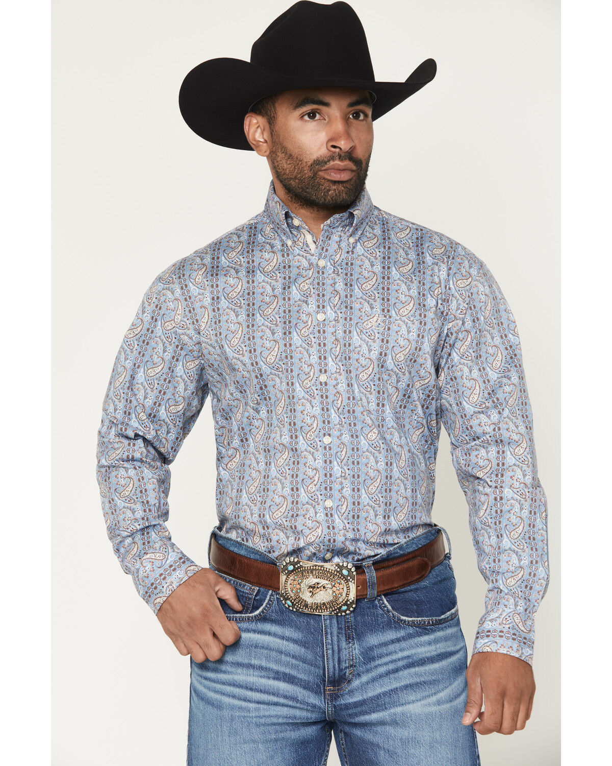 Image #1 - Panhandle Slim Men's Paisley Wallpaper Print Long Sleeve Button-Down Stretch Western Shirt, Blue, hi-res