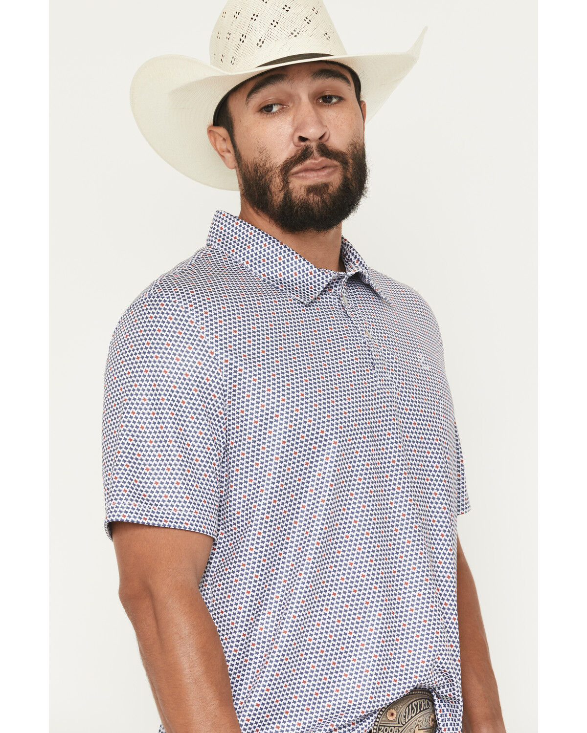 Image #2 - Panhandle Slim Men's Texas Print Short Sleeve Pearl Snap Performance Polo, Navy, hi-res
