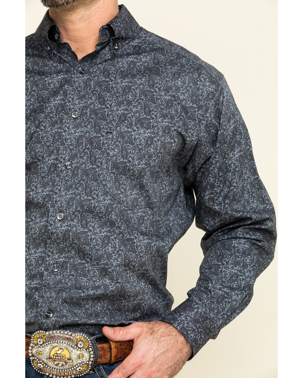 Image #4 - Tuf Cooper Men's Black Stretch Paisley Poplin Print Long Sleeve Western Shirt, Charcoal, hi-res