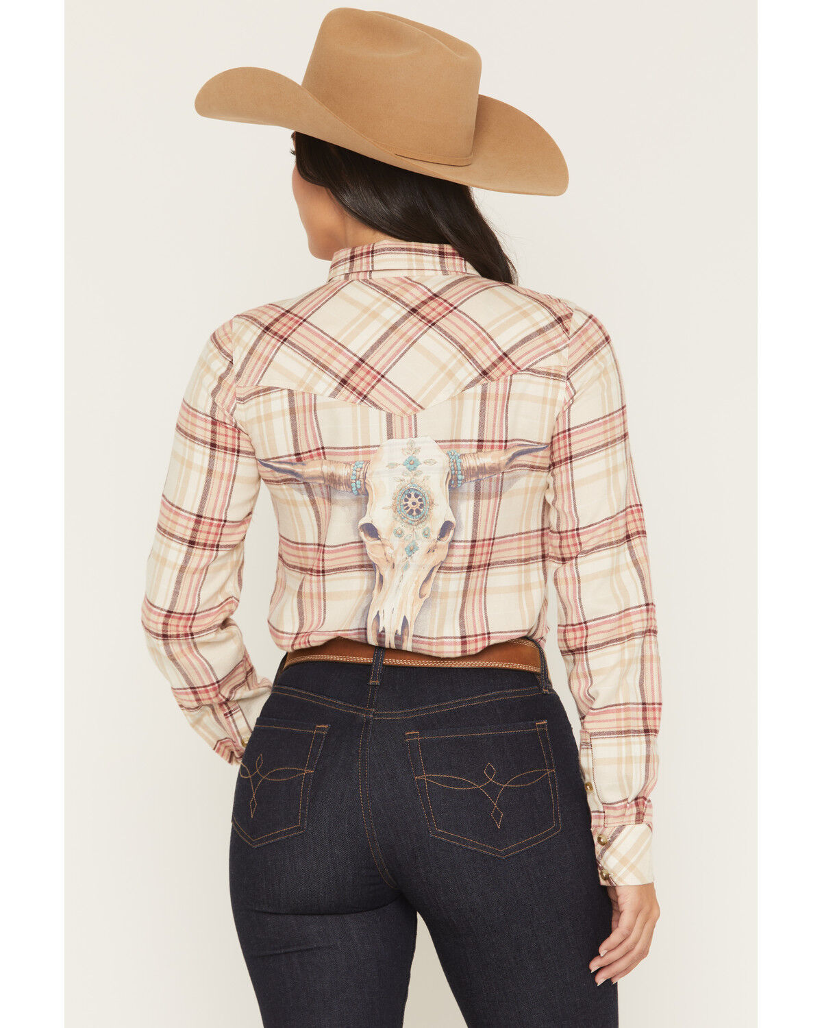 Image #2 - Shyanne Women's Lakecreek Steer Head Plaid Print Long Sleeve Button-Down Flannel Shirt, Dark Pink, hi-res