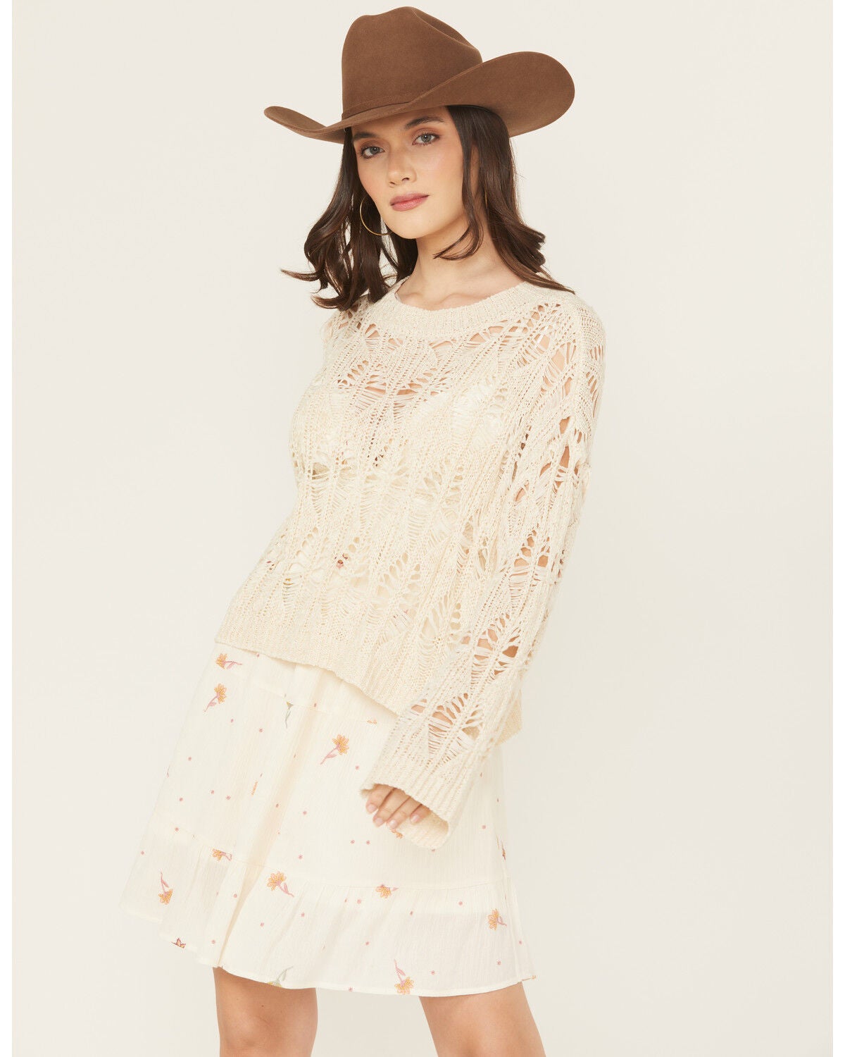 Rock & Roll Denim Women's Open Knit Sweater, Ivory, hi-res