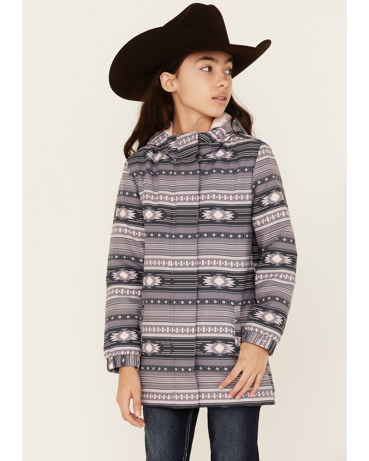 Cruel Girl Girls' Southwestern Stripe Softshell Hooded Jacket, Grey, hi-res
