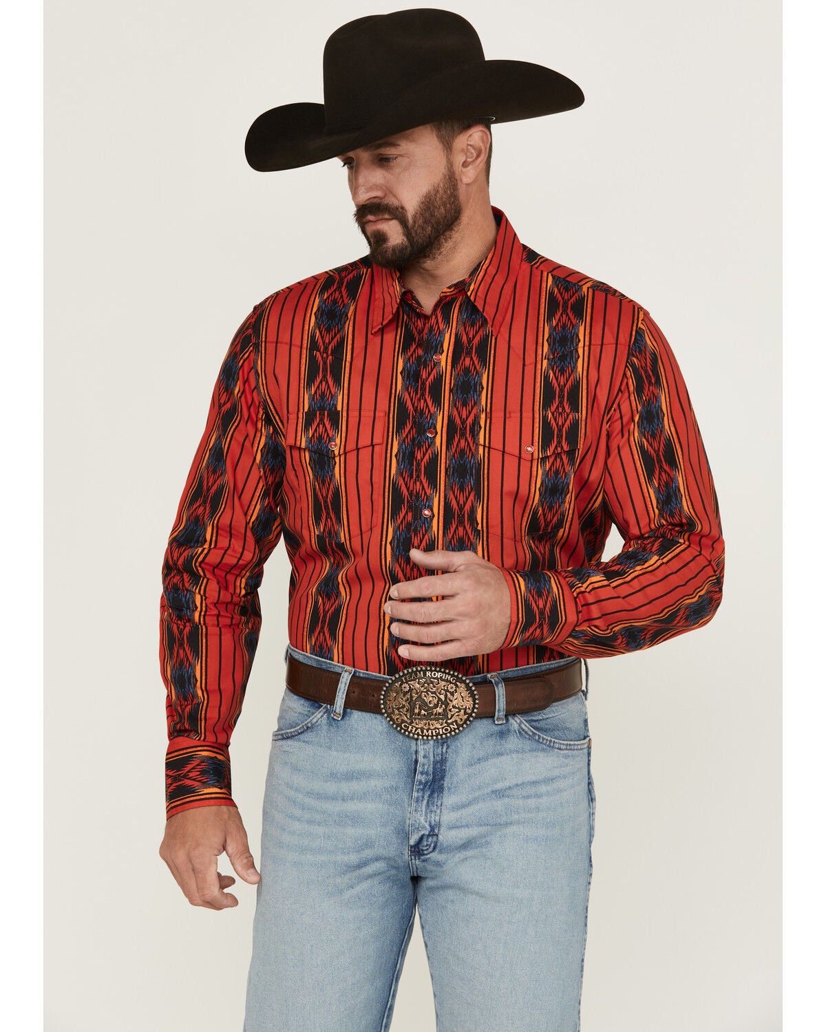 Wrangler Men's Checotah Southwestern Striped Print Long Sleeve Pearl Snap Western Shirt - Big, Red, hi-res