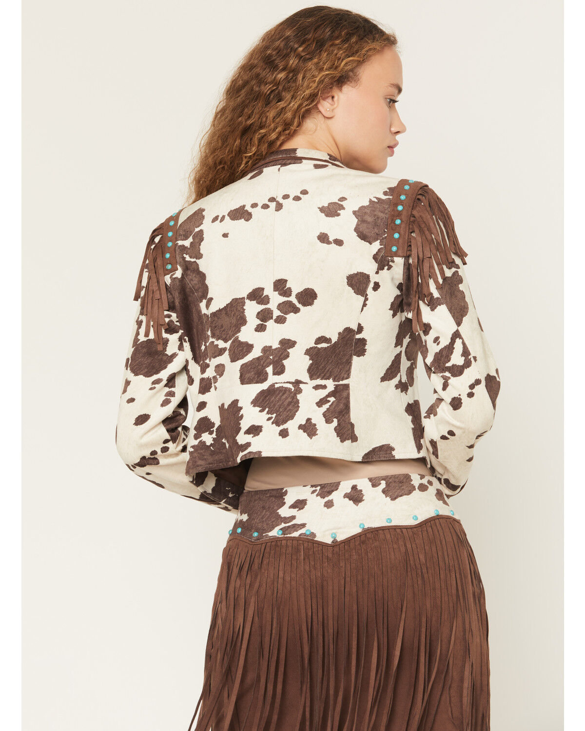 Image #4 - Shyanne Women's Porter Cow Print Faux Suede Embellished Fringe Moto Jacket, Brown, hi-res