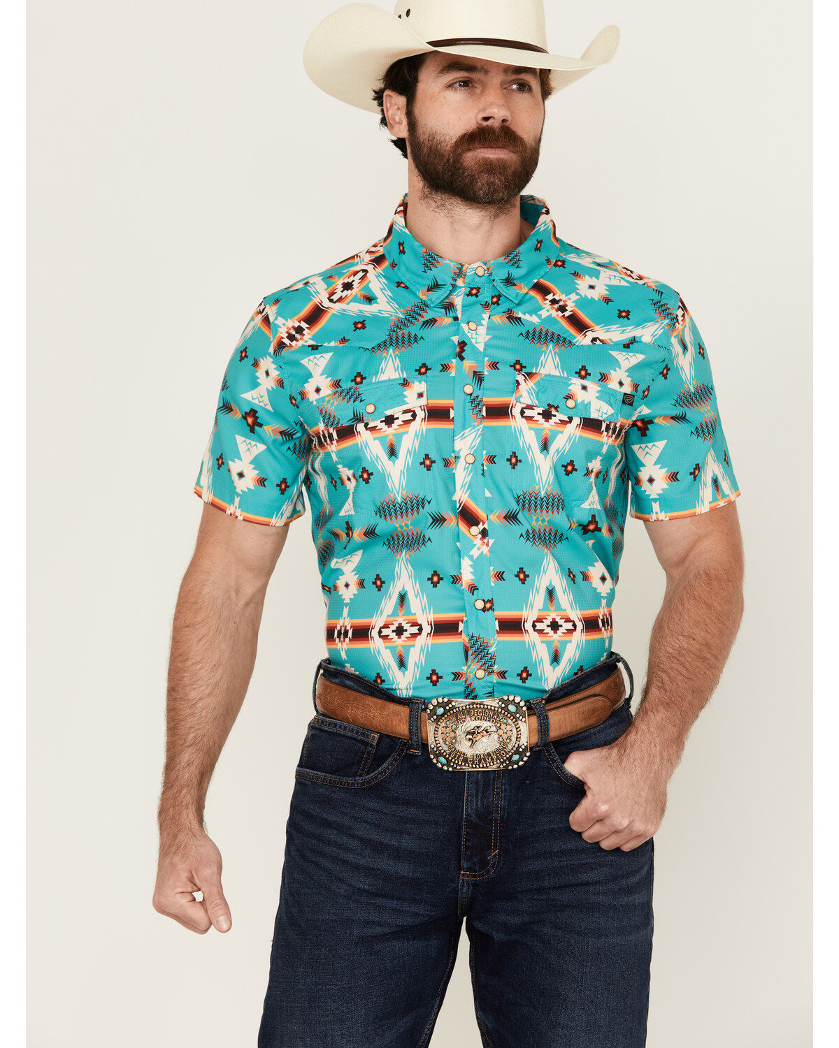Image #1 - Rock & Roll Denim Men's Tek Southwestern Print Short Sleeve Snap Western Shirt, Turquoise, hi-res