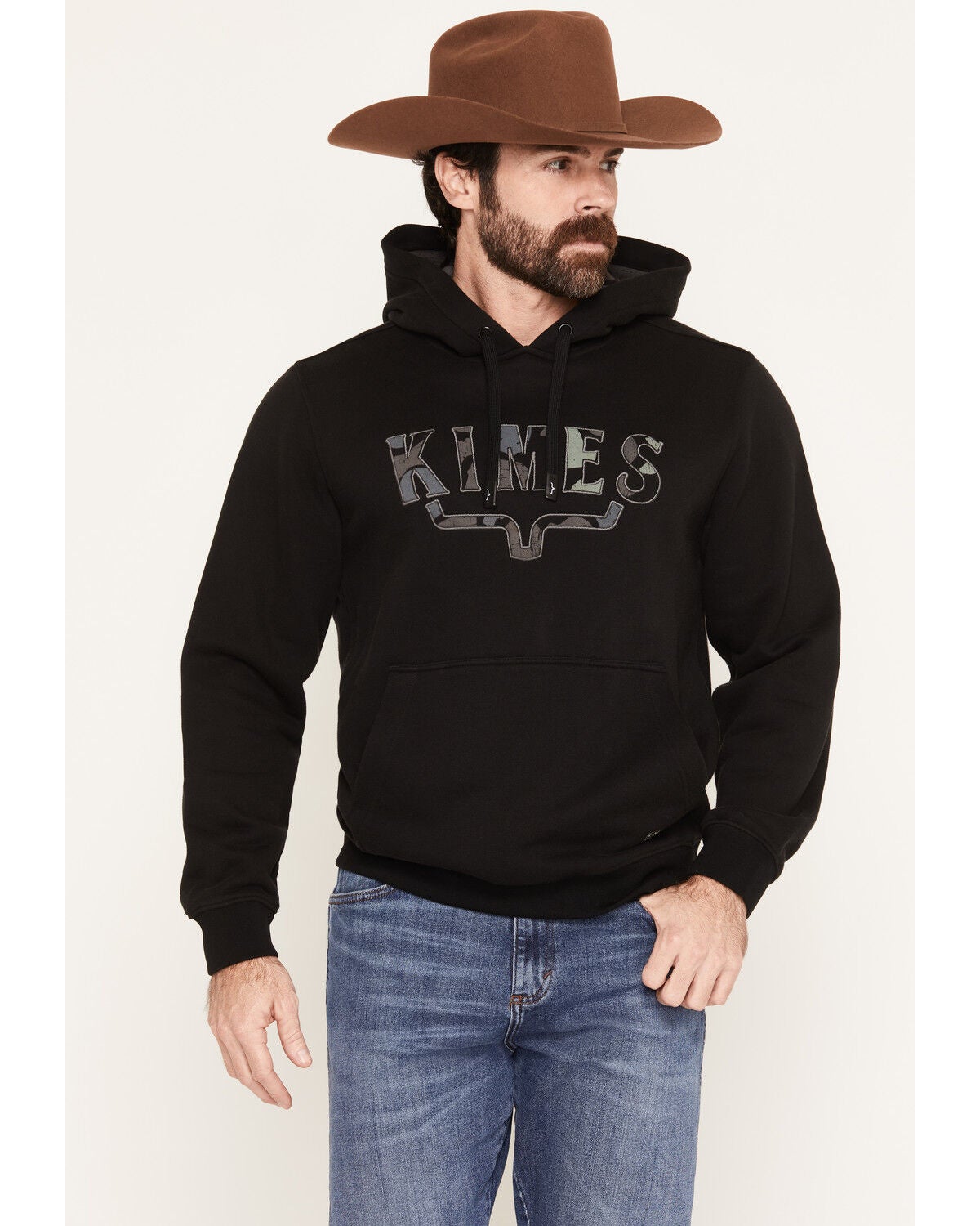 Image #1 - Kimes Ranch Men's Riddle Camo Fill Logo Hooded Sweatshirt, Black, hi-res
