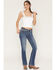Image #3 - Miss Me Women's Medium Wash Mid Rise Fleur De Lis Pocket 32" Bootcut Stretch Denim Jeans, Medium Wash, hi-res