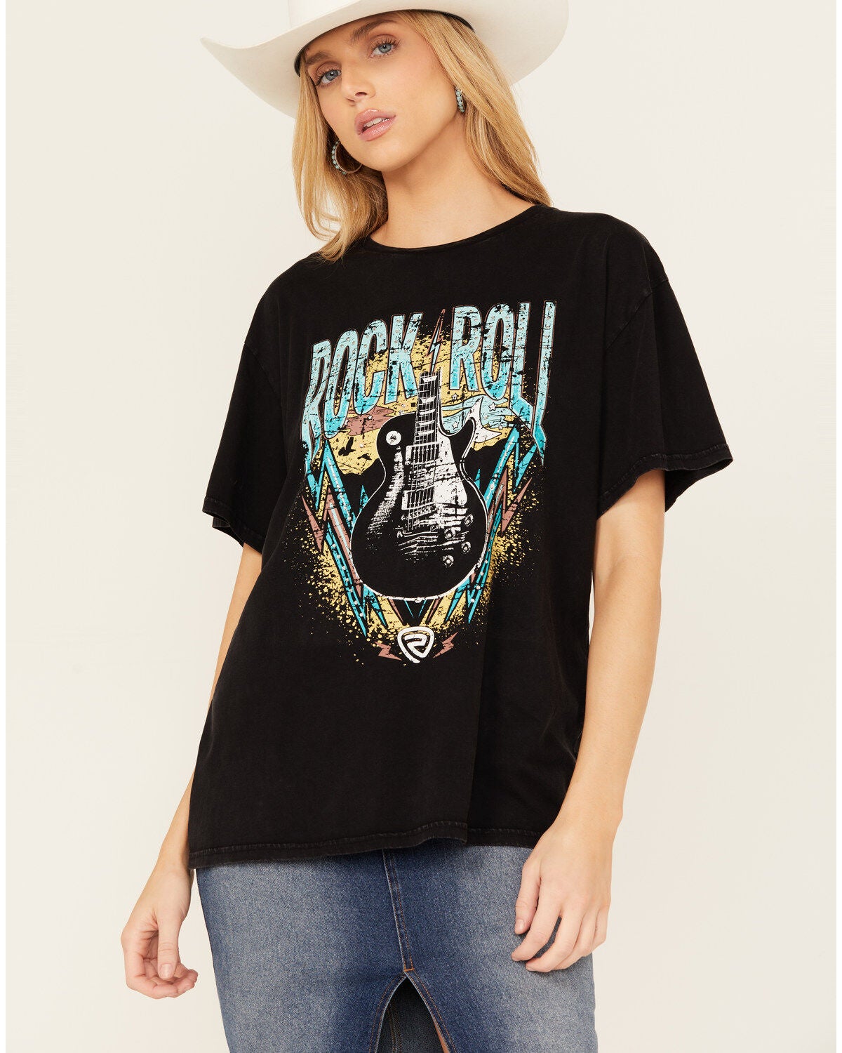 Rock & Roll Denim Women's Rock & Roll Rhinestone Short Sleeve Graphic Tee, Black, hi-res