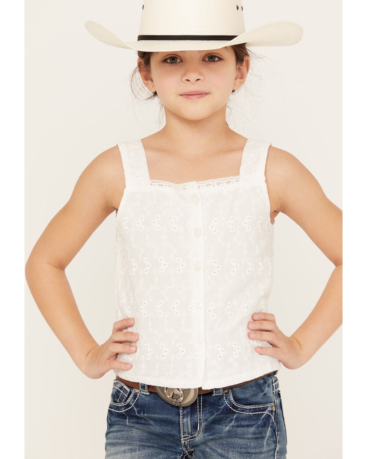 Shyanne Girls' Eyelet Button Front Tank Top, White, hi-res