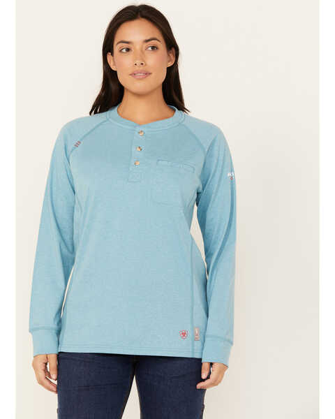 Ariat Women's FR Air Henley Long Sleeve Work Shirt , Blue, hi-res