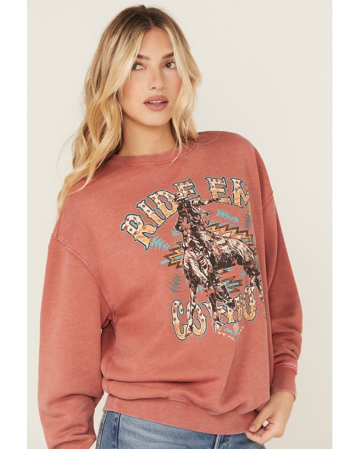 Rock & Roll Denim Women's Ride Em Cowboy Graphic Crewneck, Rust Copper, hi-res