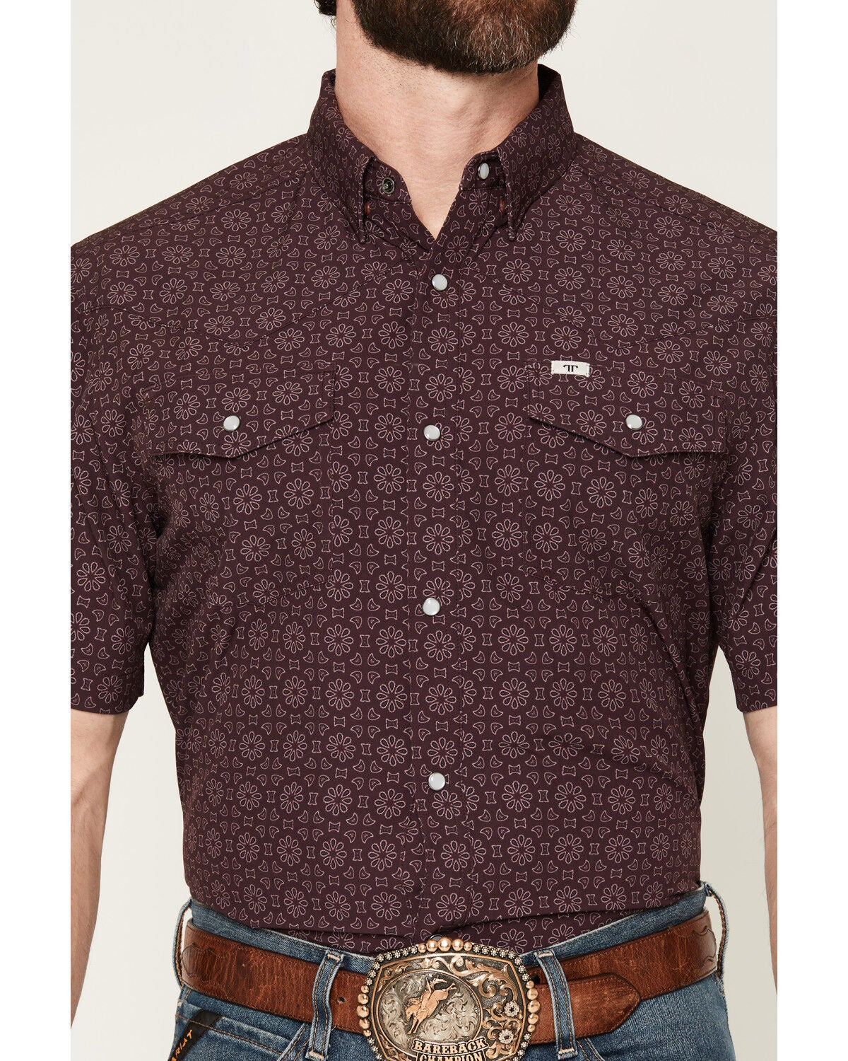 Image #3 - Ferrell Men's Fletcher Medallion Print Short Sleeve Snap Stretch Western Shirt, Burgundy, hi-res