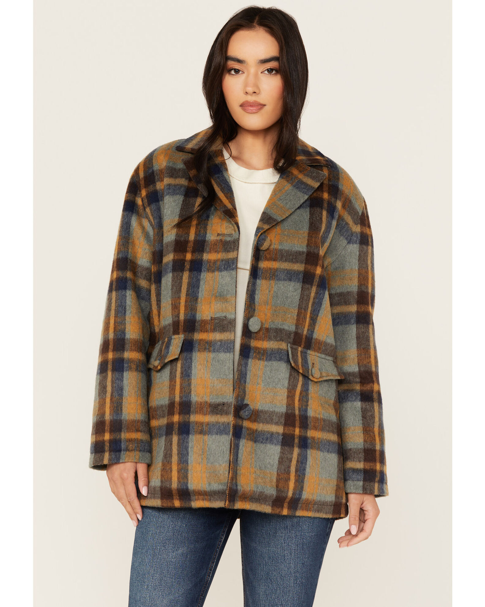 Cleo Wolf Women s Oversized Plaid Print Peacoat