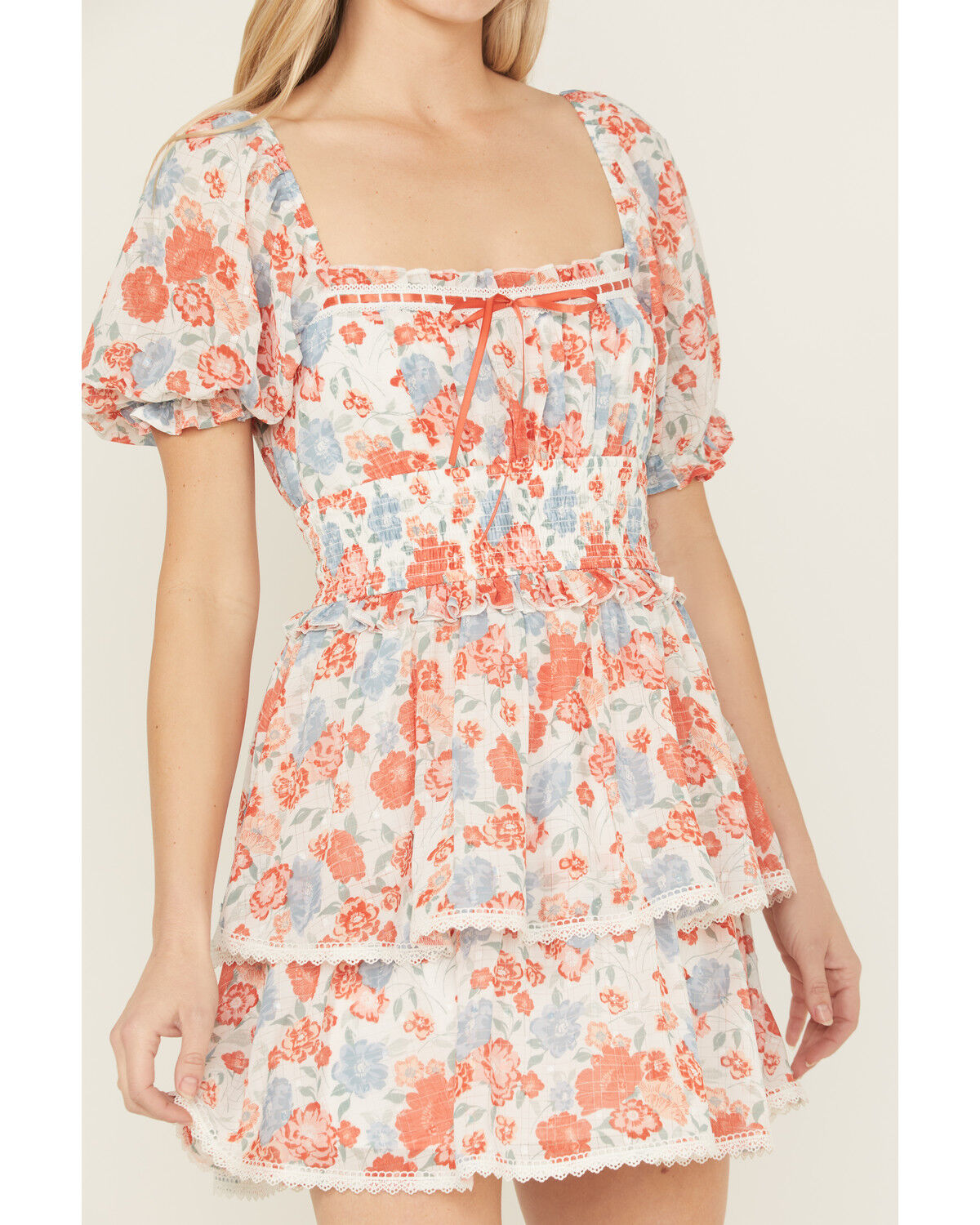 Product Name:  Ash & Violet Women's Floral Print Short Sleeve Lace Trim Mini Dress