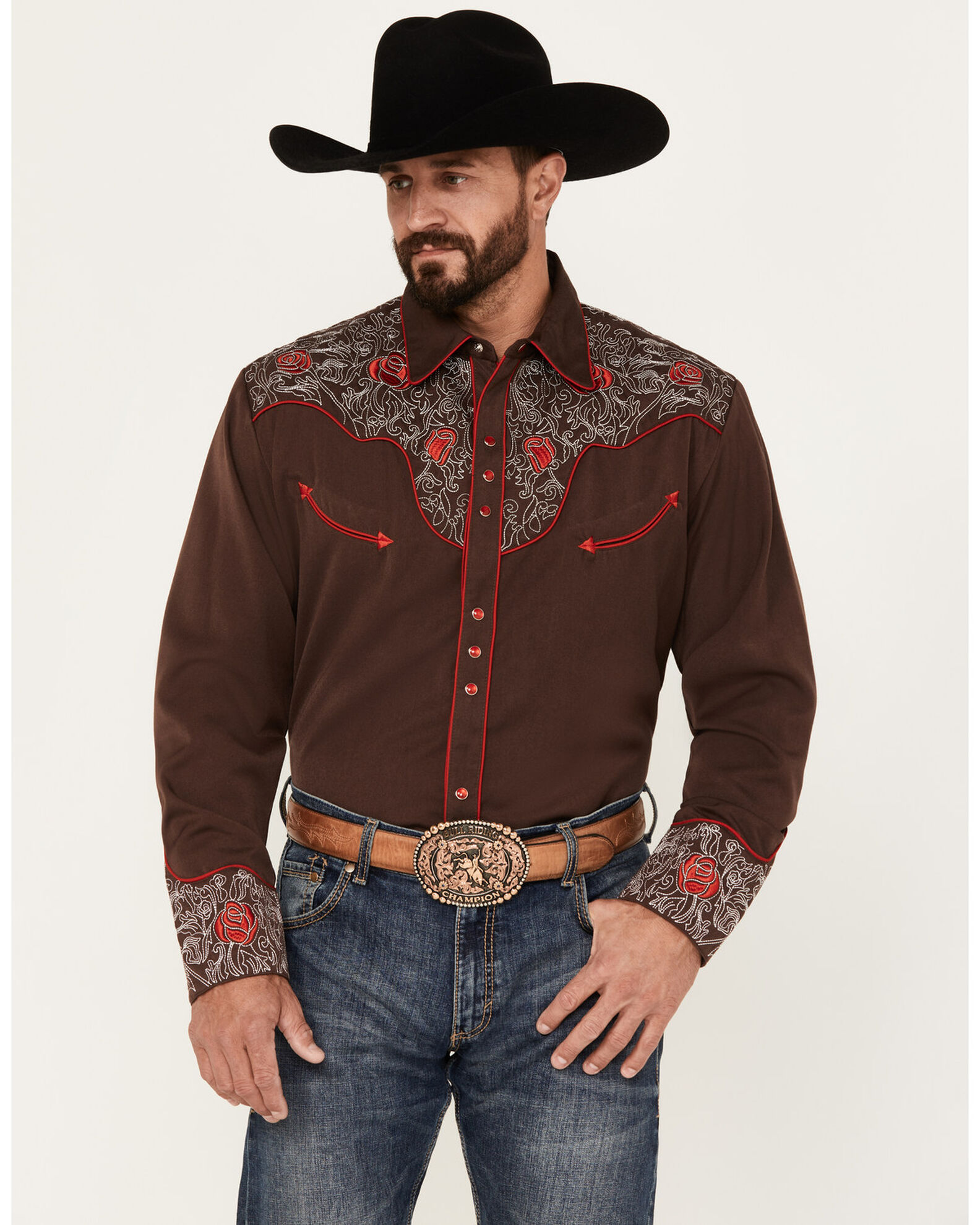Scully Men s Rose Embroidered Long Sleeve Pearl Snap Western Shirt