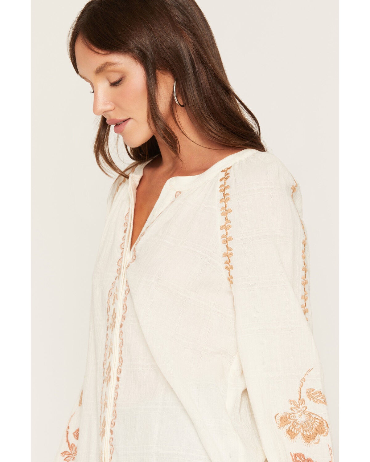 Image #2 - Lovestitch Women's Long Sleeve Embroidered Peasant Top, Natural, hi-res