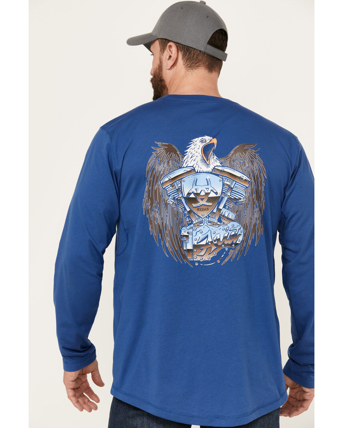 Image #1 - Ariat Men's Rebar Workman Chrome Moto Eagle Long Sleeve T-Shirt, Blue, hi-res