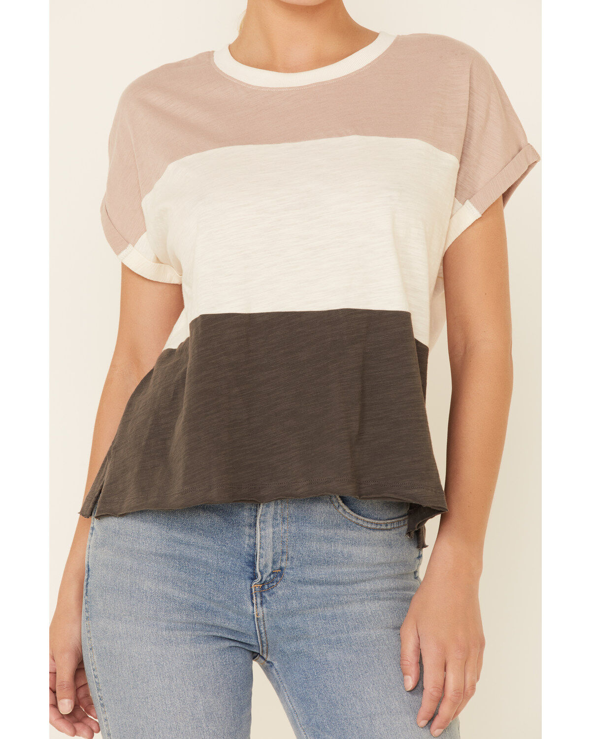 Image #3 - Wishlist Women's Wide Stripe Colorblock Dolman Short Sleeve Top, Taupe, hi-res