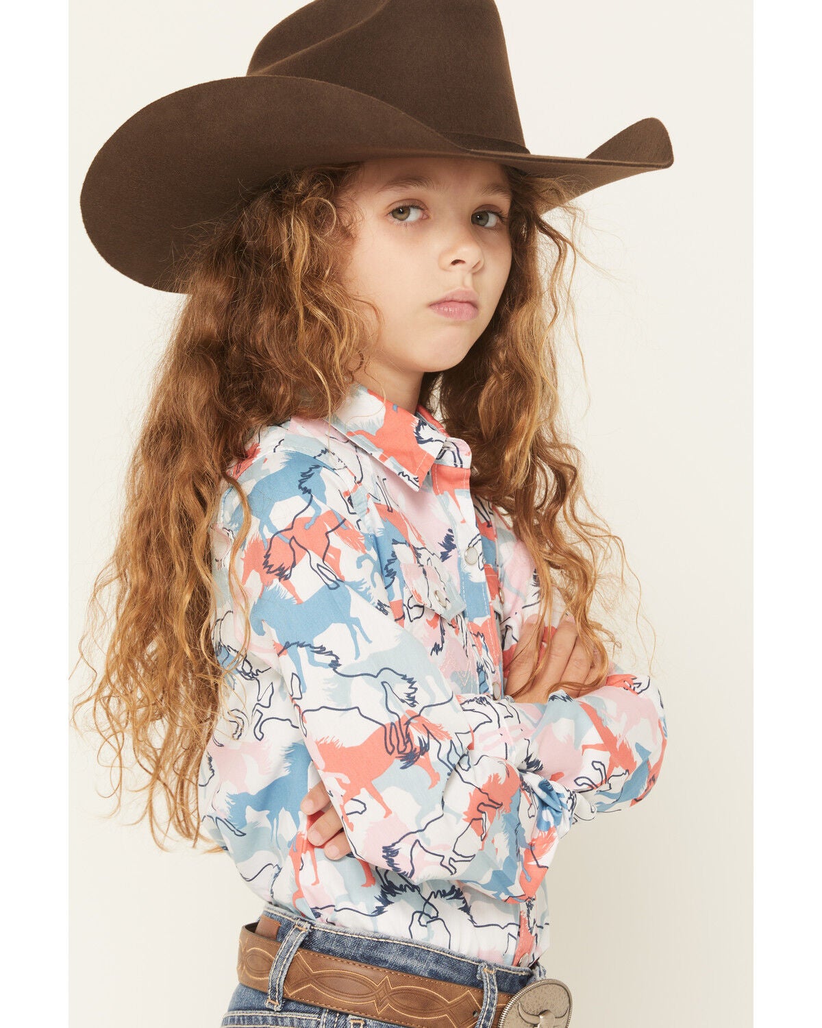 Image #2 - Wrangler Girls' Horse Print Long Sleeve Snap Western Shirt, Multi, hi-res