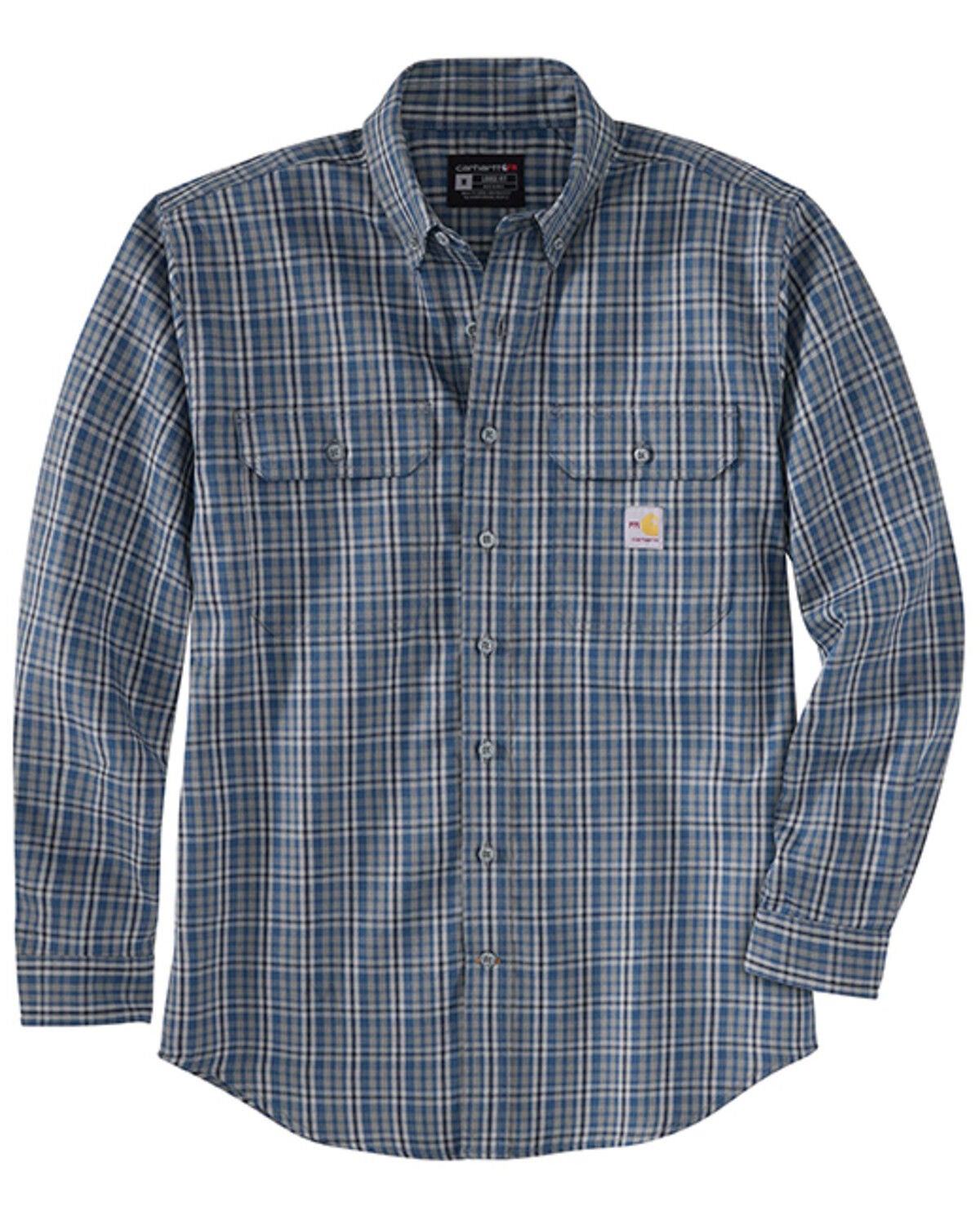 Carhartt Men's FR Force&reg; Rugged Flex&reg; Loose Fit Plaid Print Long Sleeve Button-Down Western Work Shirt, Navy, hi-res