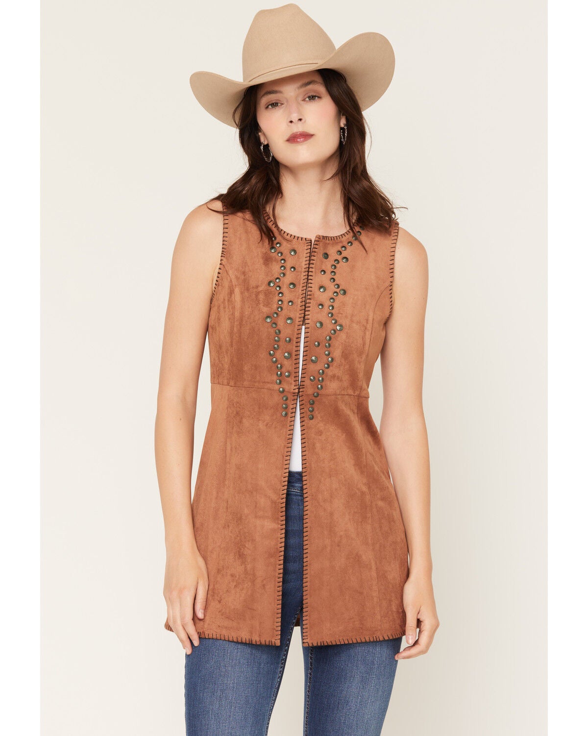 Image #1 - Shyanne Women's Hollis Faux Suede Concho Studded Vest, Bark, hi-res