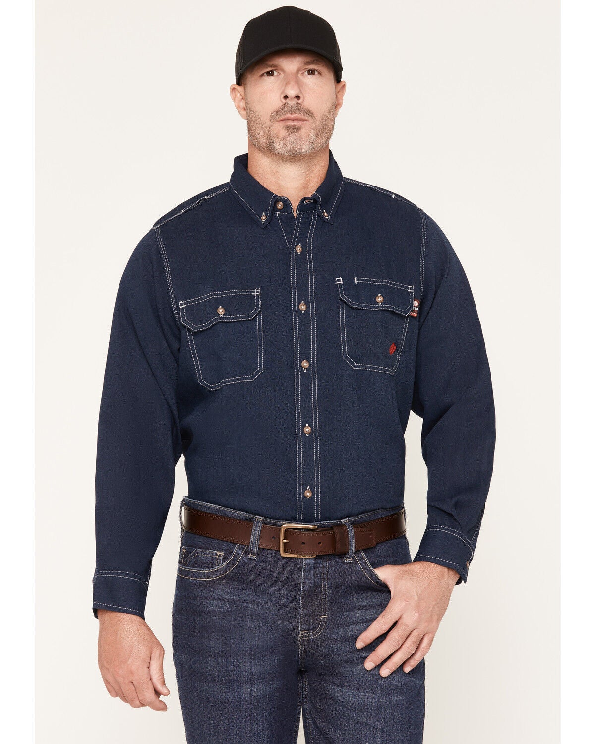 Forge Workwear Men's FR Tecasafe Long Sleeve Button-Down Western Shirt, Navy, hi-res