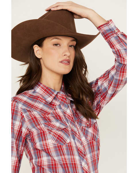 Image #2 - Ely Walker Women's Plaid Print Long Sleeve Pearl Snap Western Shirt, Red, hi-res