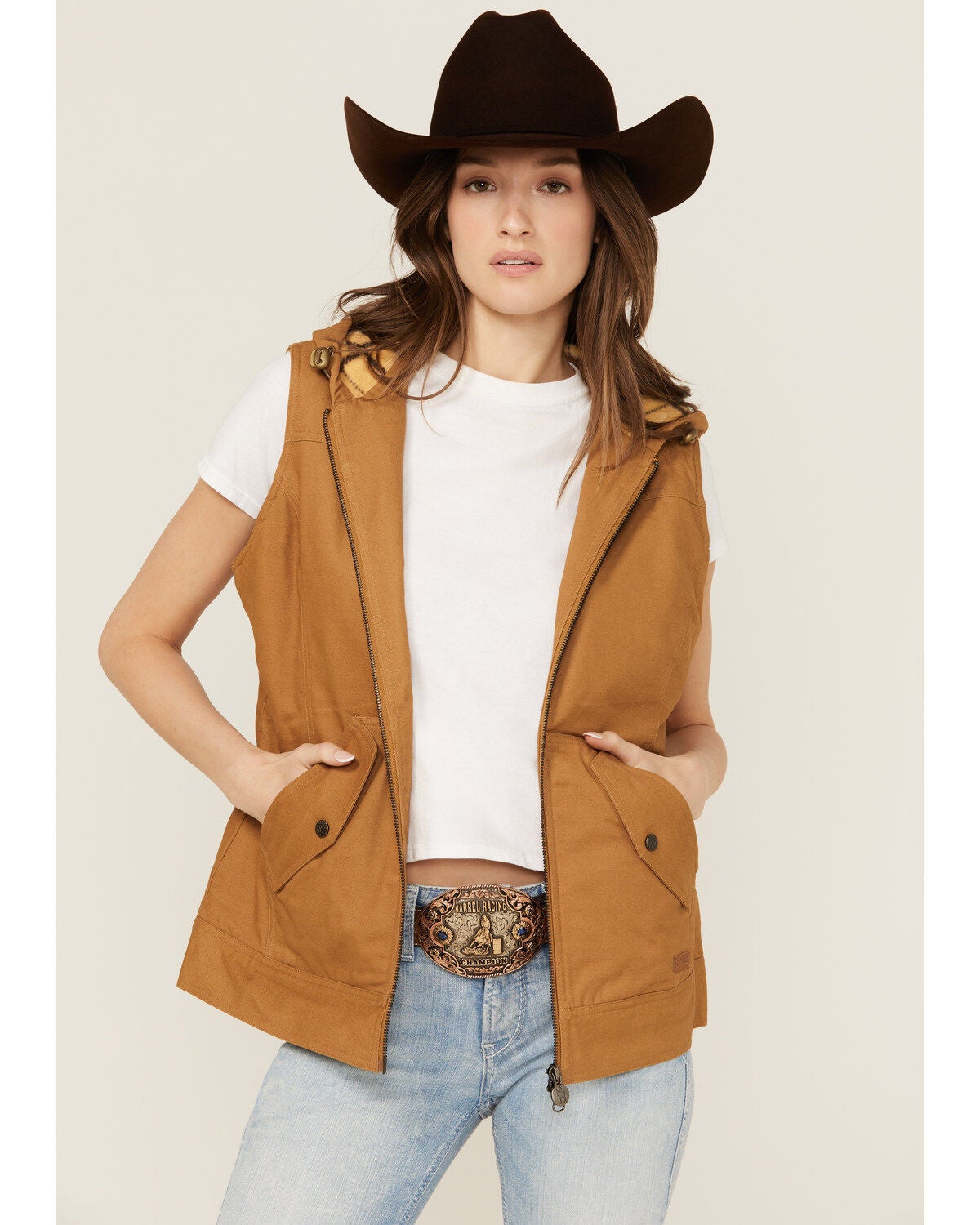 Outback Trading Co Women's Heidi Canvas Hooded Vest, Tan, hi-res