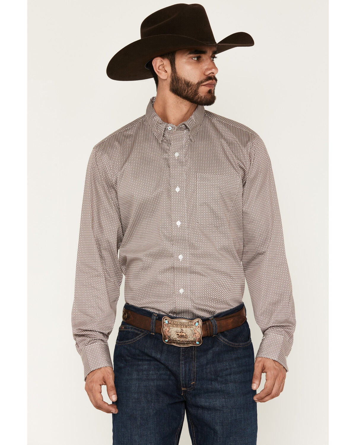 Image #1 - Wrangler X Cody Johnson Men's Geo Print Long Sleeve Button-Down Western Shirt, Wine, hi-res
