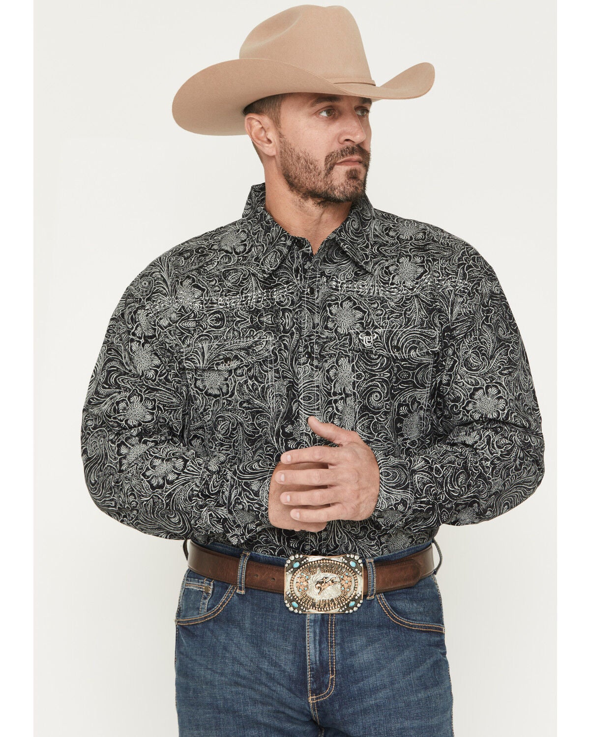 Image #1 - Cowboy Hardware Men's Tooled Floral Print Long Sleeve Snap Stretch Western Shirt, Charcoal, hi-res