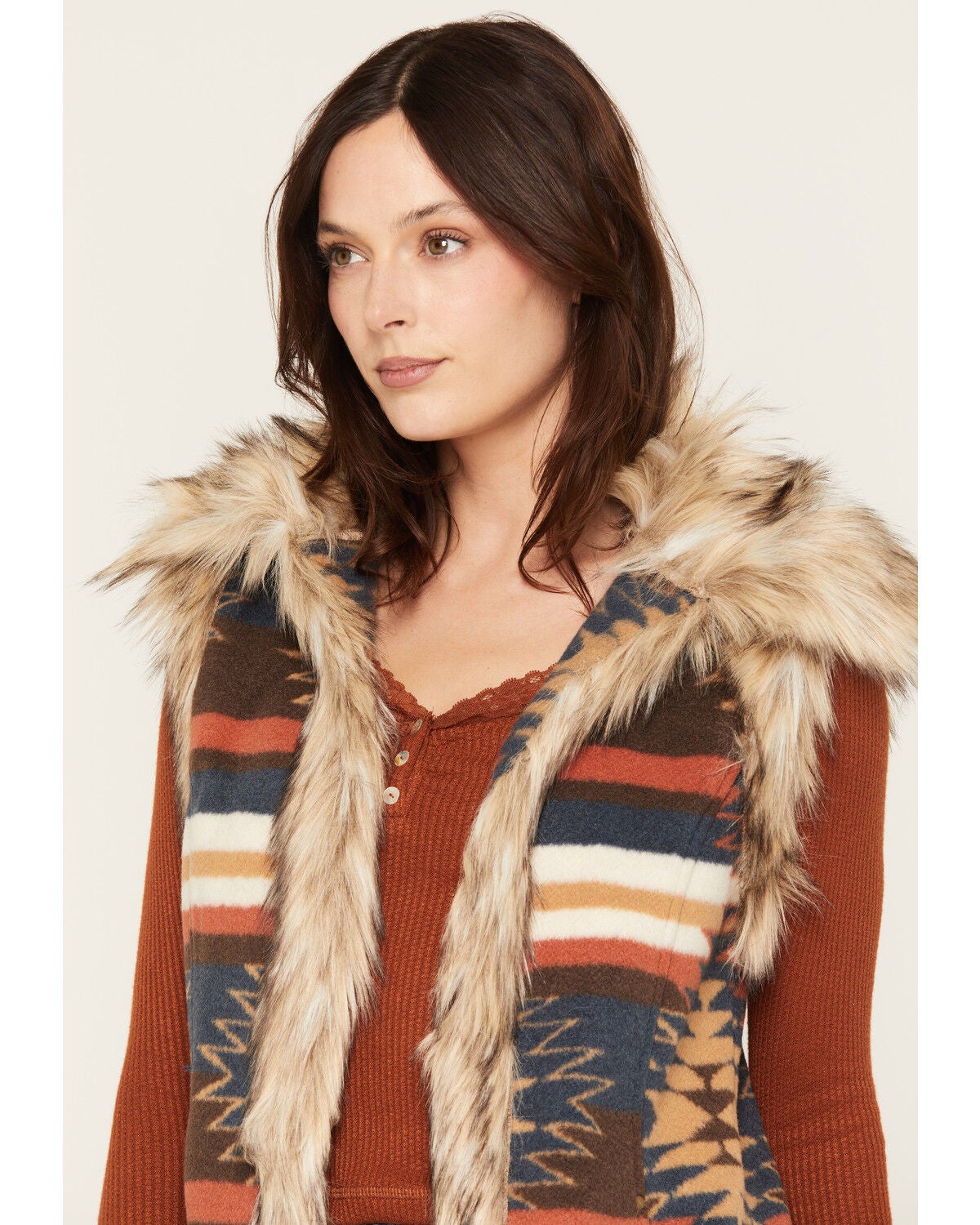 Image #2 - Tasha Polizzi Women's Kensie Southwestern Print Faux Fur Trim Vest, Multi, hi-res