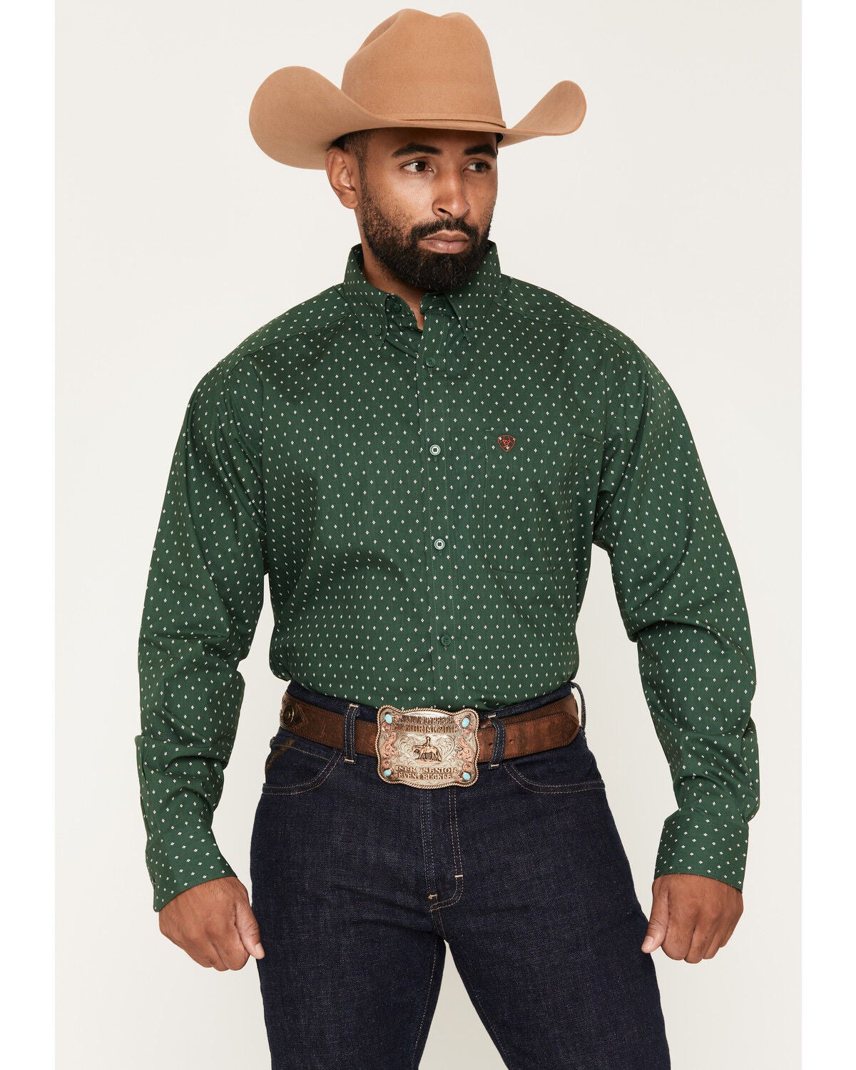 Image #1 - Ariat Men's Larkspur Medallion Print Long Sleeve Button-Down Western Shirt, Green, hi-res