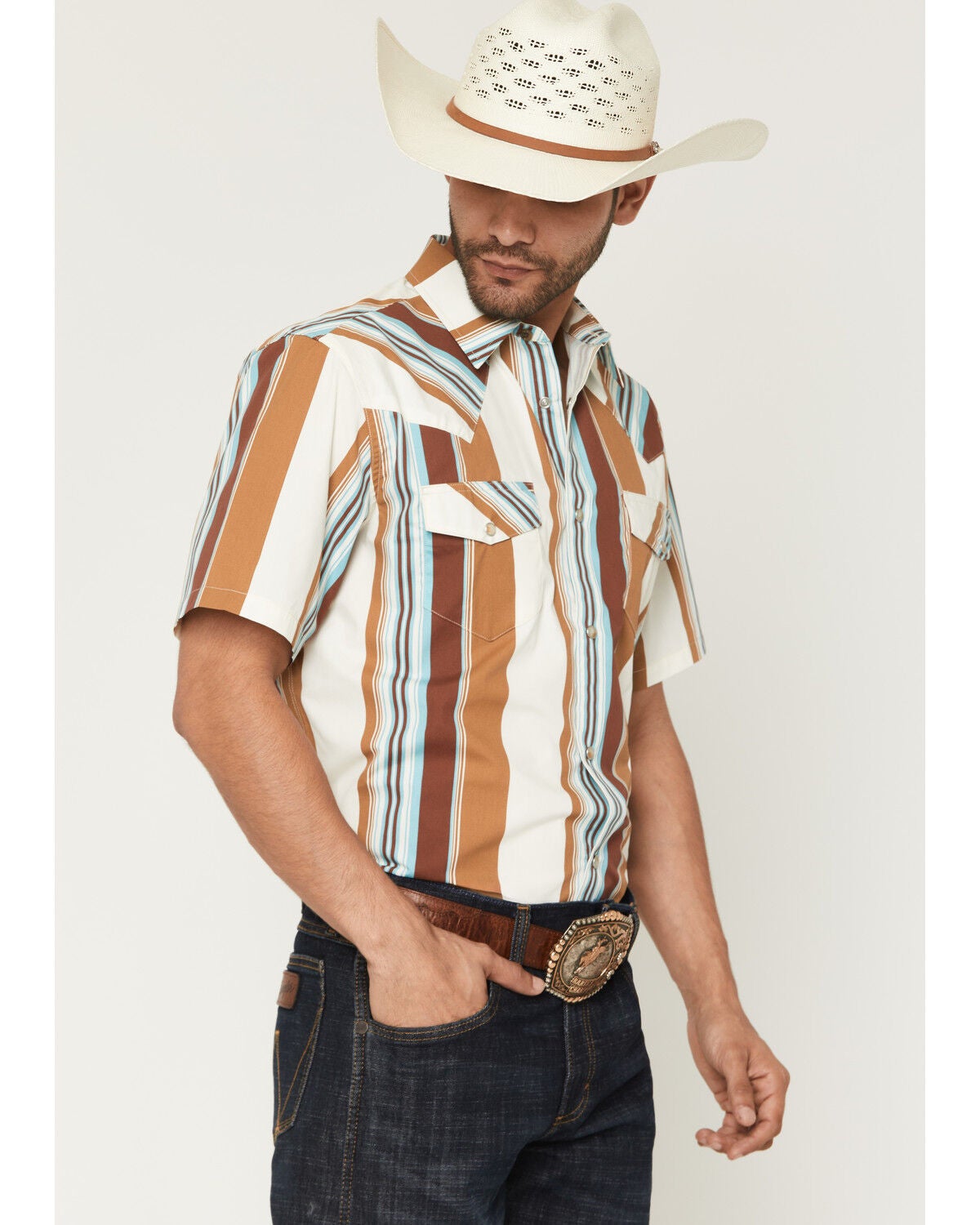 Gibson Trading Co Men's Retro Stripes Short Sleeve Snap Western Shirt, Rust Copper, hi-res