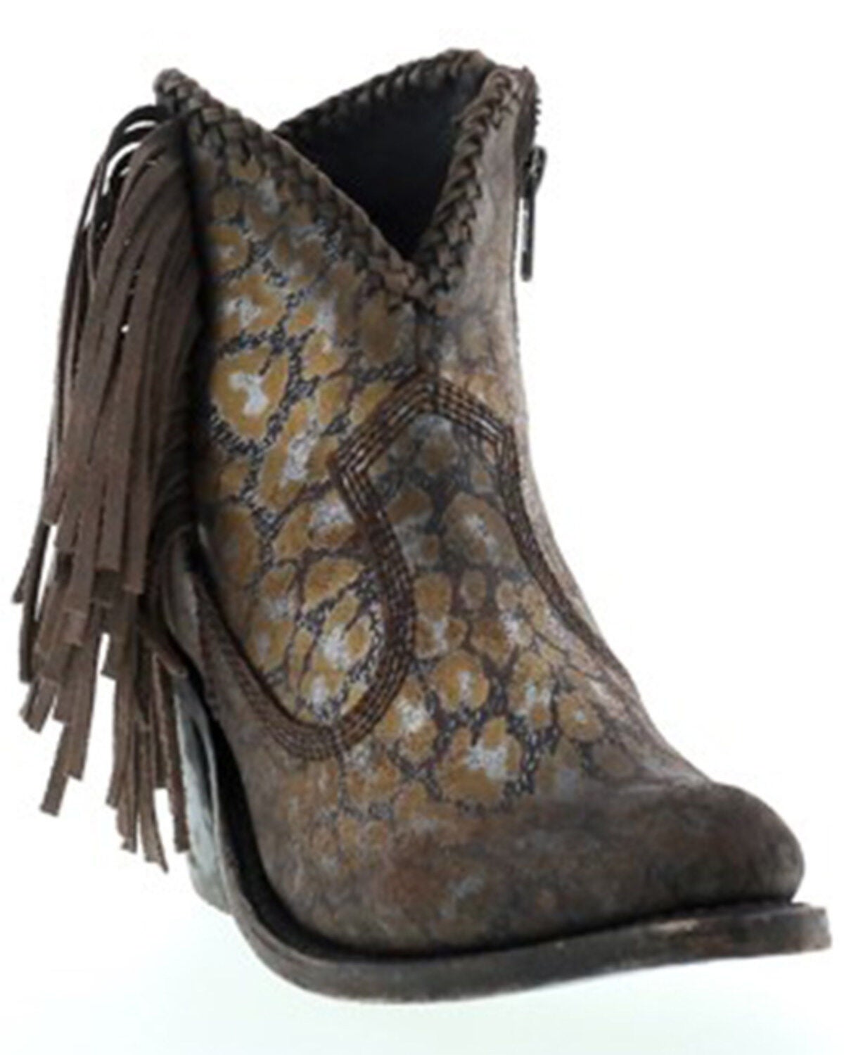 Liberty Black Women's Chloe Leopard Print Braided Fringe Western Booties - Snip Toe, Tan, hi-res